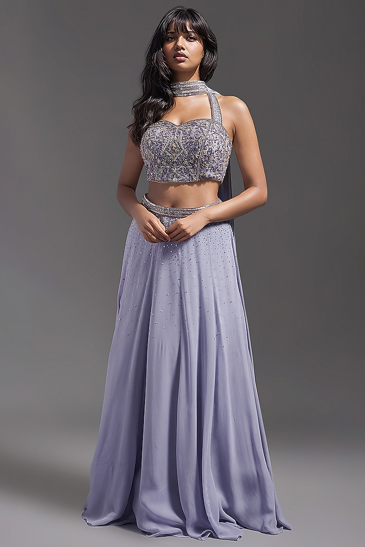 Lilac Georgette Embroidered Wedding Lehenga Set by Maisolos at Pernia's Pop Up Shop