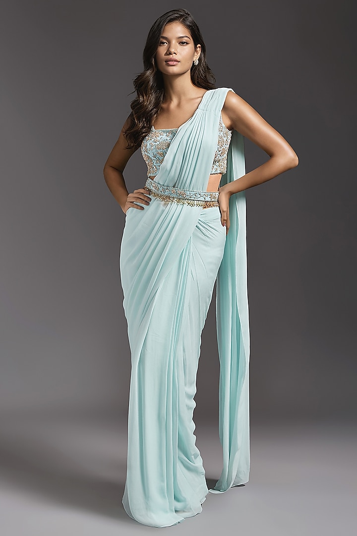 Powder Blue Georgette Pre-Stitched Saree Set by Maisolos at Pernia's Pop Up Shop