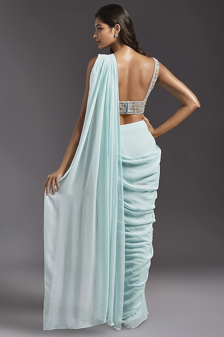 Powder Blue Georgette Pre-Stitched Wedding Saree Set by Maisolos at Pernia's Pop Up Shop
