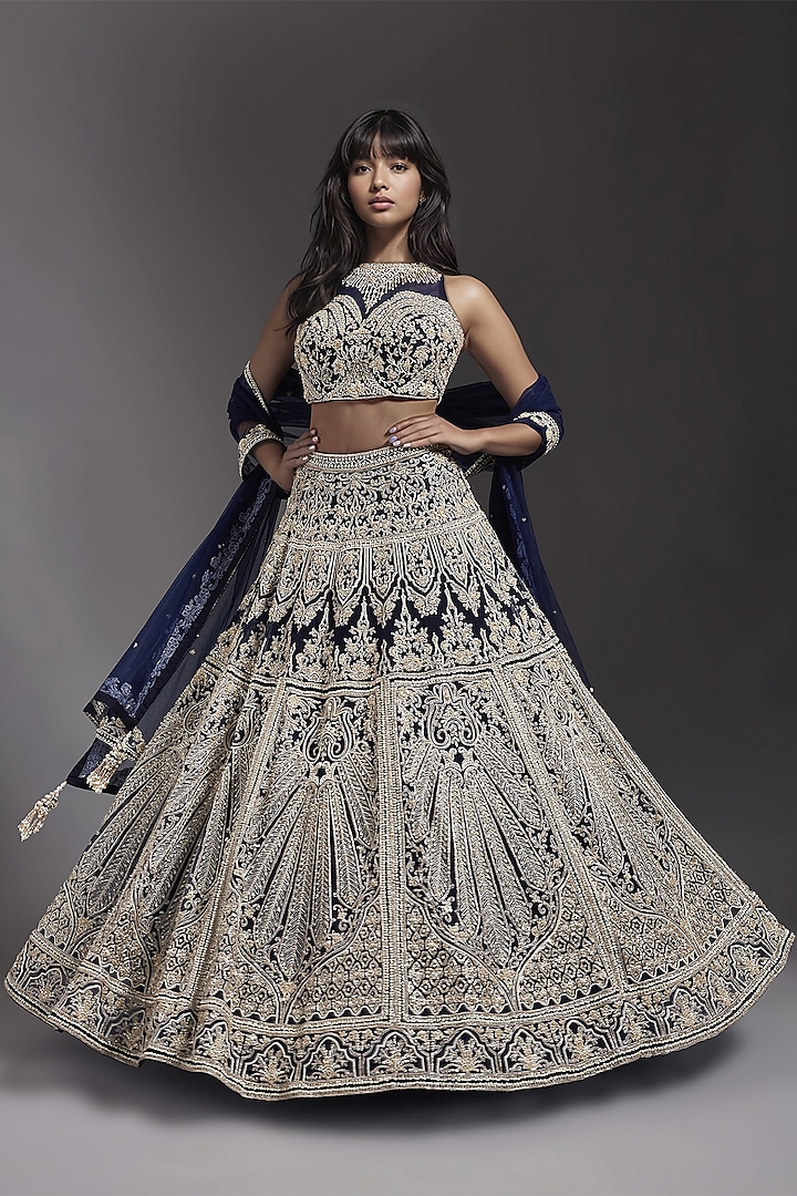 Navy Blue Net Hand Embroidered Bridal Lehenga Set by Maisolos at Pernia's Pop Up Shop