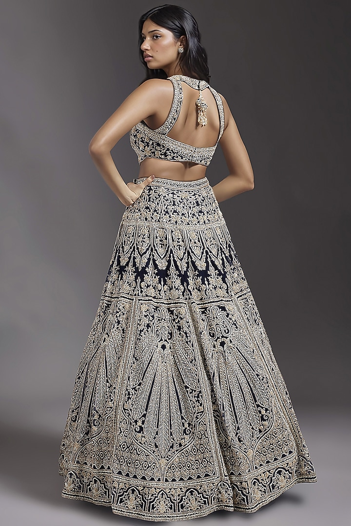 Navy Blue Net Hand Embroidered Bridal Lehenga Set by Maisolos at Pernia's Pop Up Shop