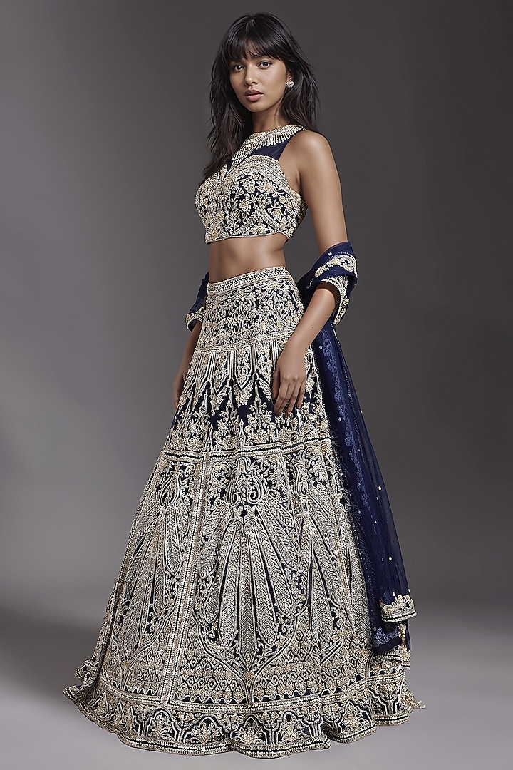 Navy Blue Net Hand Embroidered Bridal Lehenga Set by Maisolos at Pernia's Pop Up Shop