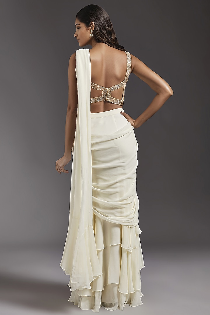 Ivory Georgette Draped Wedding Saree Set by Maisolos at Pernia's Pop Up Shop