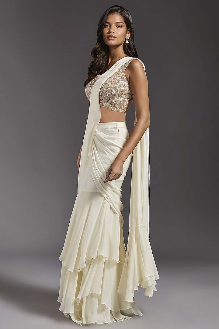 Ivory Georgette Draped Wedding Saree Set by Maisolos at Pernia's Pop Up Shop