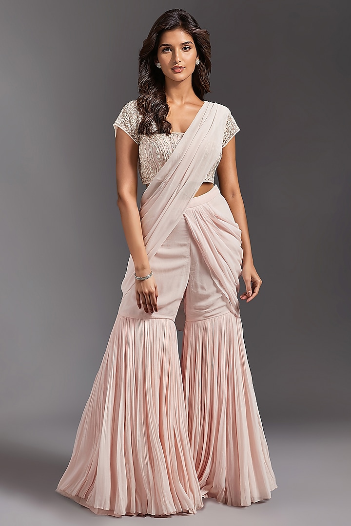 Pink Georgette Draped Sharara Saree Set by Maisolos at Pernia's Pop Up Shop