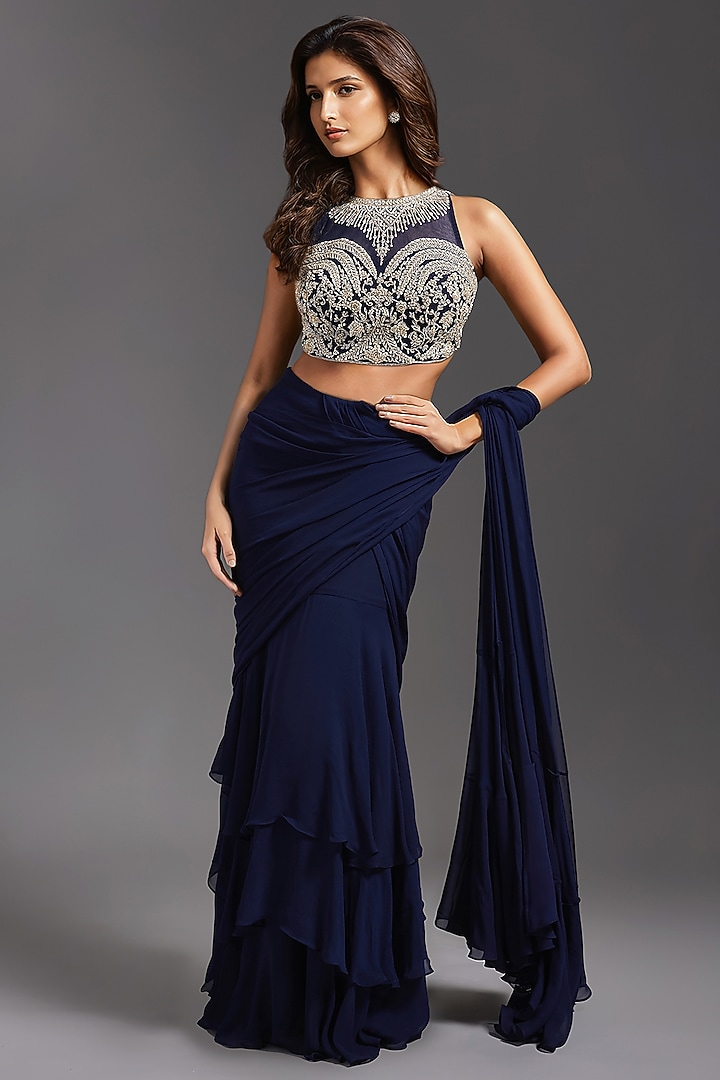Navy Blue Georgette Draped Wedding Saree Set by Maisolos at Pernia's Pop Up Shop