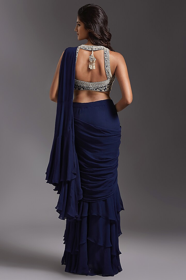 Navy Blue Georgette Draped Wedding Saree Set by Maisolos at Pernia's Pop Up Shop