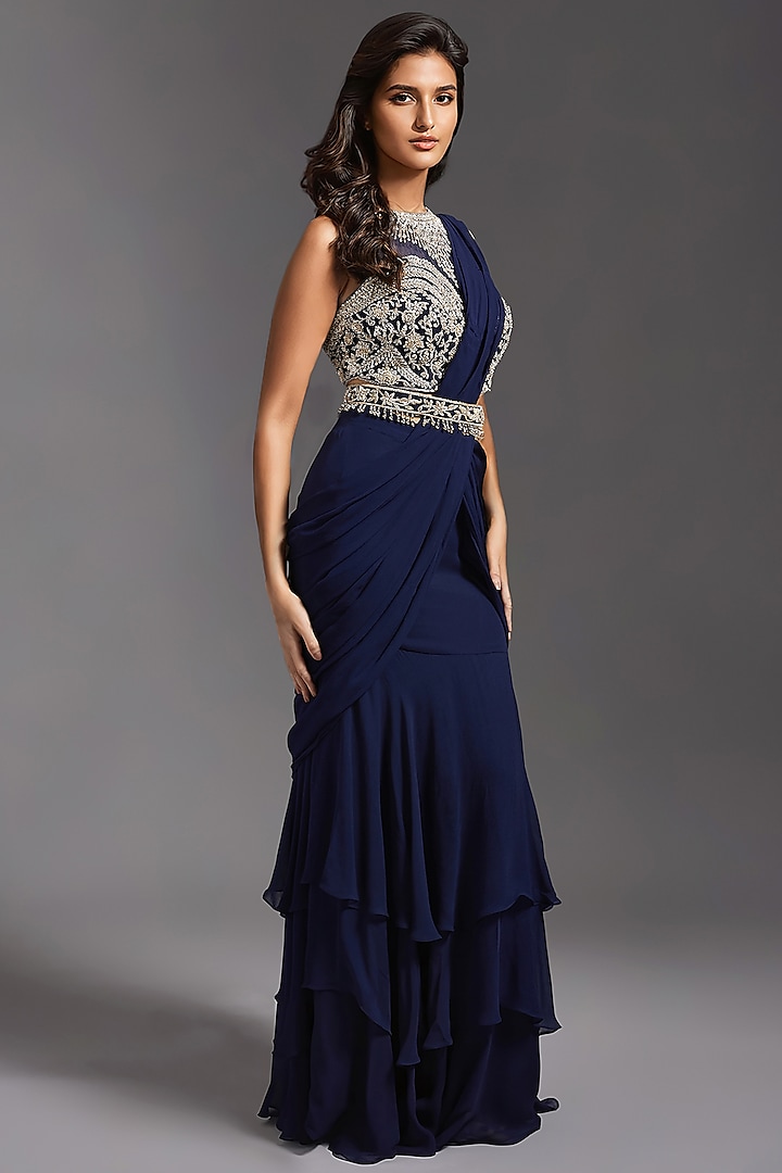 Navy Blue Georgette Draped Saree Set by Maisolos at Pernia's Pop Up Shop