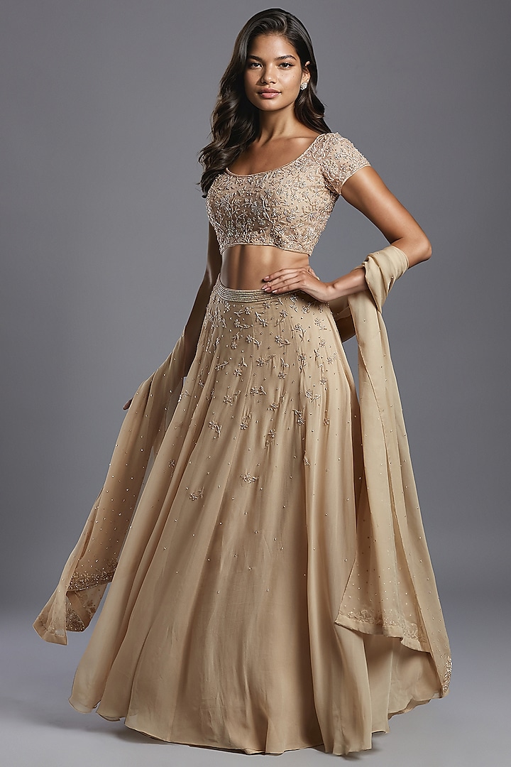 Nude Georgette Hand Embroidered Lehenga Set by Maisolos