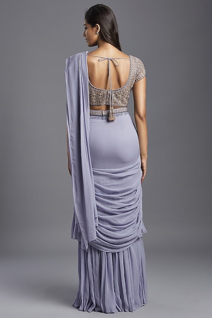 Lilac Georgette Draped Wedding Saree Set by Maisolos at Pernia's Pop Up Shop
