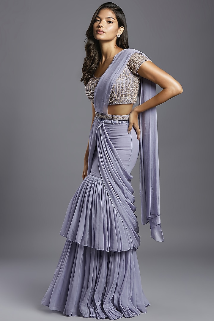 Lilac Georgette Draped Wedding Saree Set by Maisolos at Pernia's Pop Up Shop