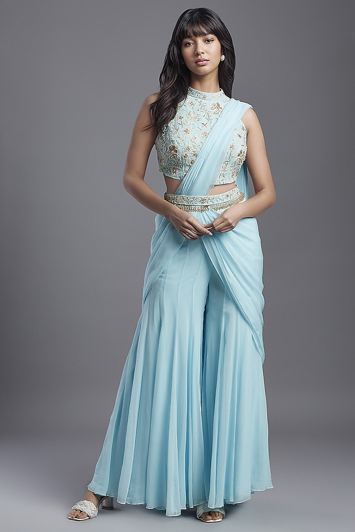 Powder Blue Georgette Draped Sharara Saree Set by Maisolos at Pernia's Pop Up Shop