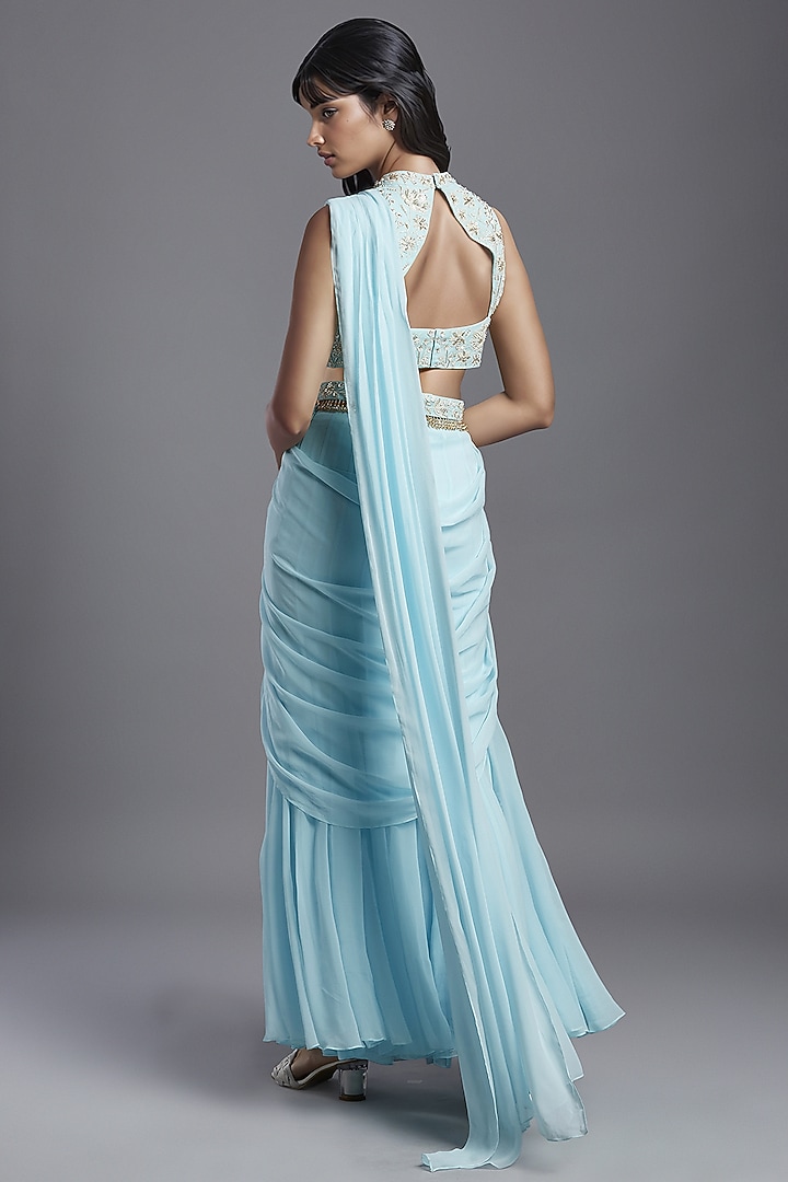 Powder Blue Georgette Draped Sharara Wedding Saree Set by Maisolos at Pernia's Pop Up Shop
