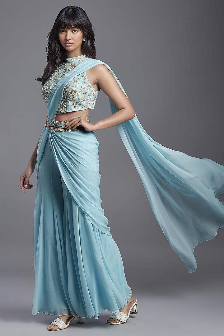 Powder Blue Georgette Draped Sharara Wedding Saree Set by Maisolos at Pernia's Pop Up Shop