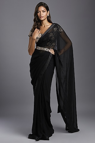 Black Georgette Pre-Stitched Saree Set by Maisolos