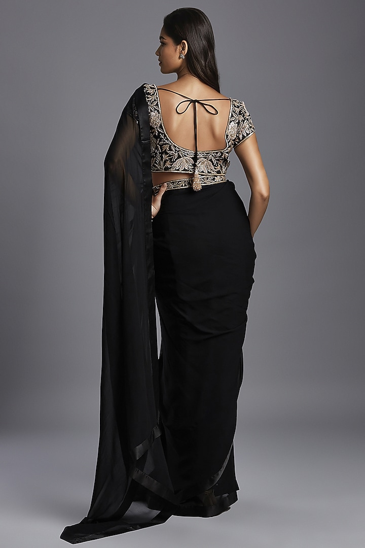 Black Georgette Pre-Stitched Wedding Saree Set by Maisolos at Pernia's Pop Up Shop