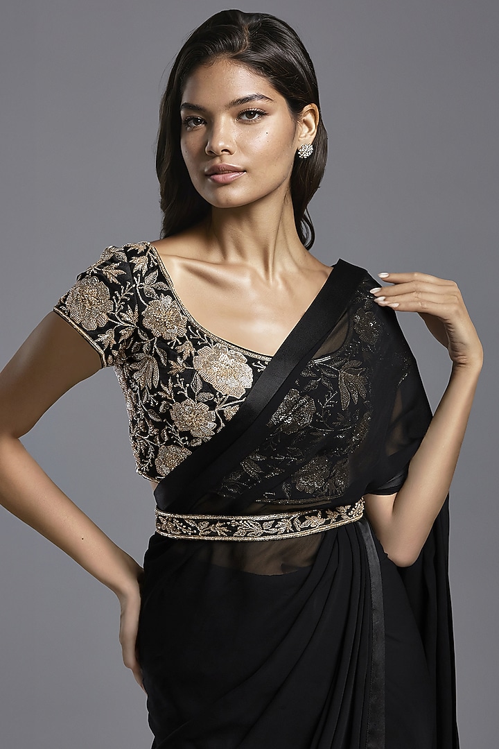 Black Georgette Pre-Stitched Wedding Saree Set by Maisolos at Pernia's Pop Up Shop