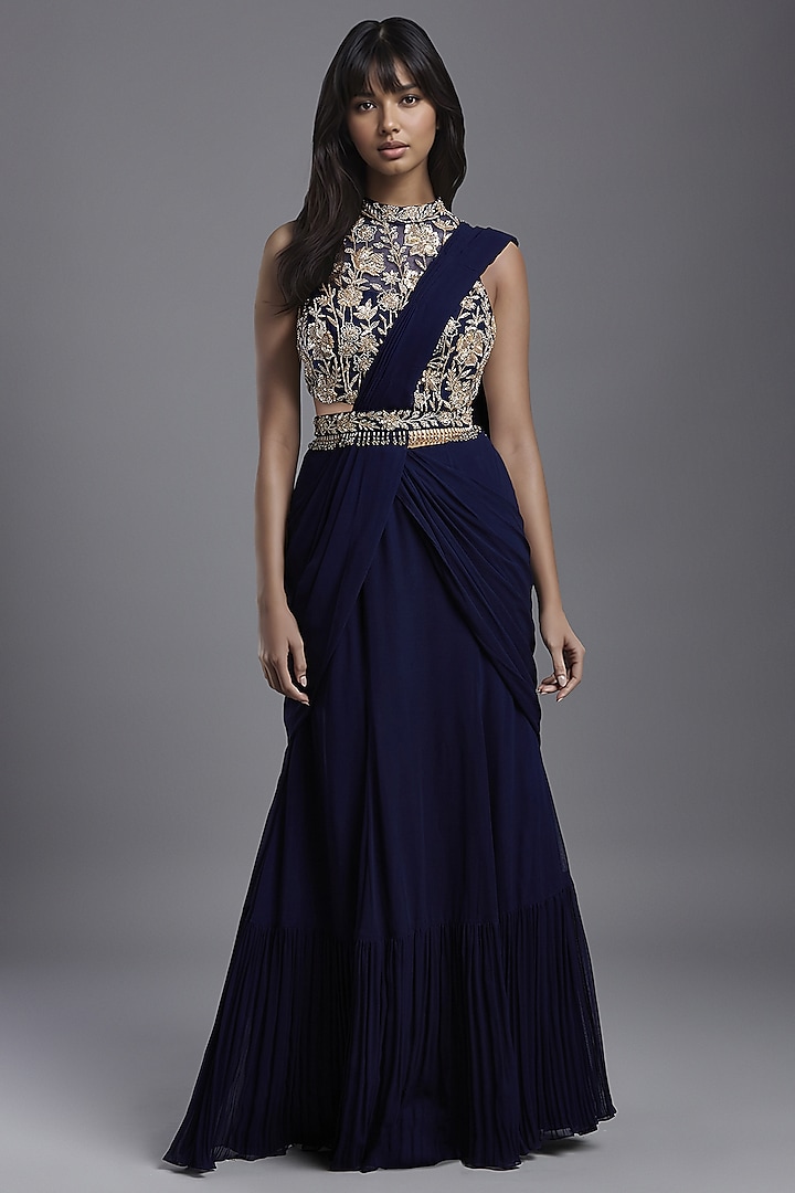 Navy Blue Georgette Draped Saree Set by Maisolos