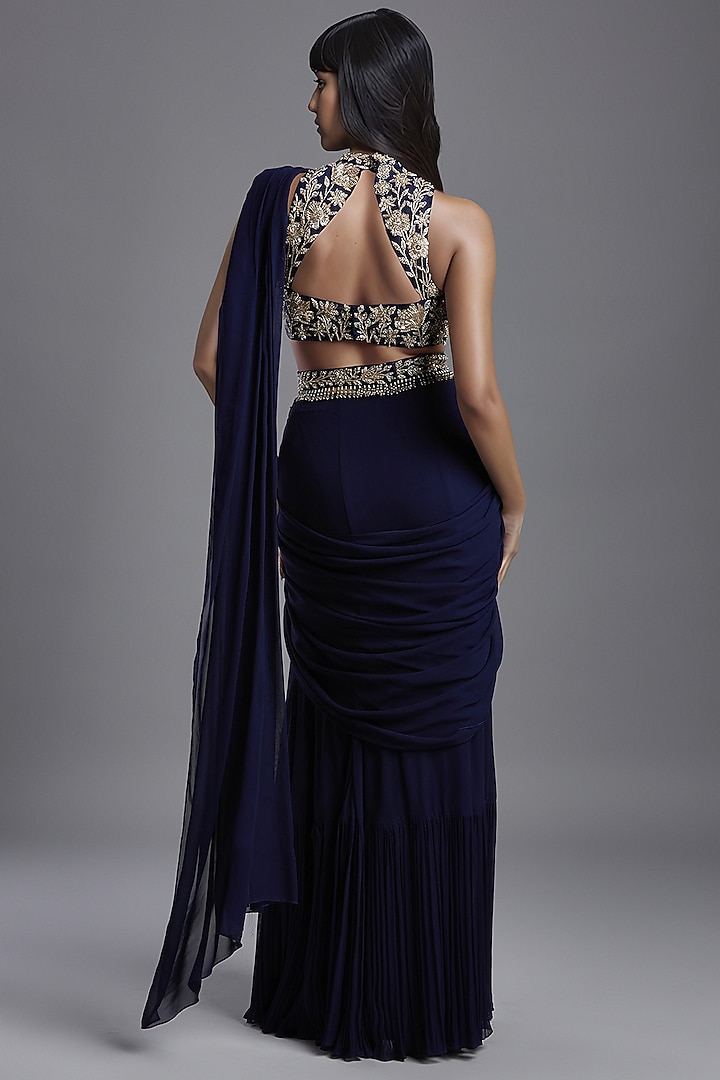Navy Blue Georgette Draped Wedding Saree Set by Maisolos at Pernia's Pop Up Shop