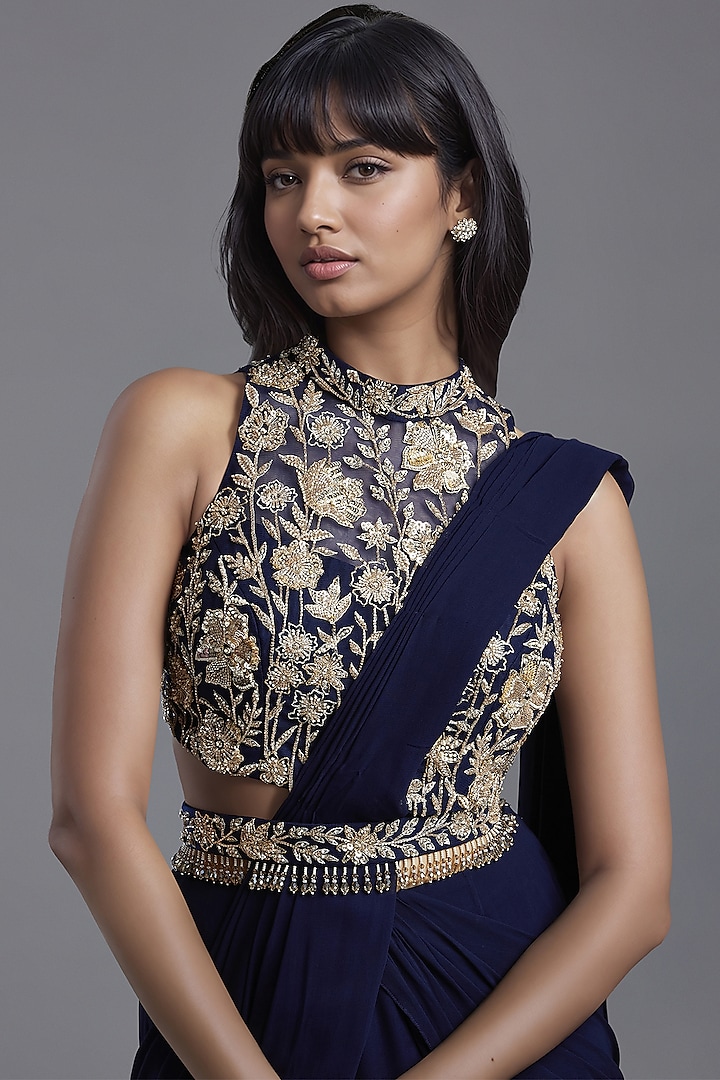 Navy Blue Georgette Draped Wedding Saree Set by Maisolos at Pernia's Pop Up Shop