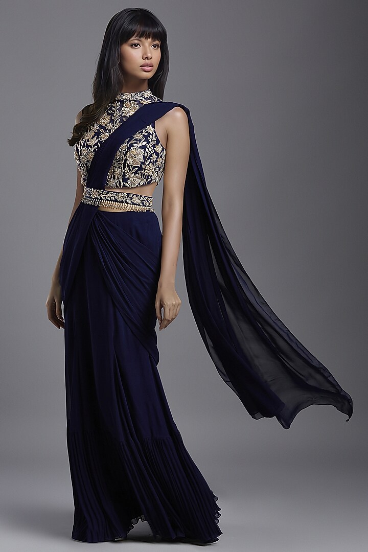 Navy Blue Georgette Draped Wedding Saree Set by Maisolos at Pernia's Pop Up Shop