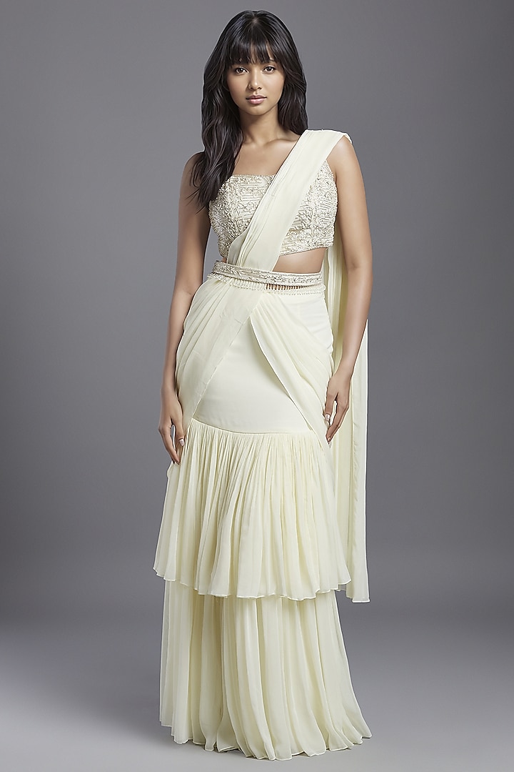 Ivory Georgette Draped Saree Set by Maisolos at Pernia's Pop Up Shop