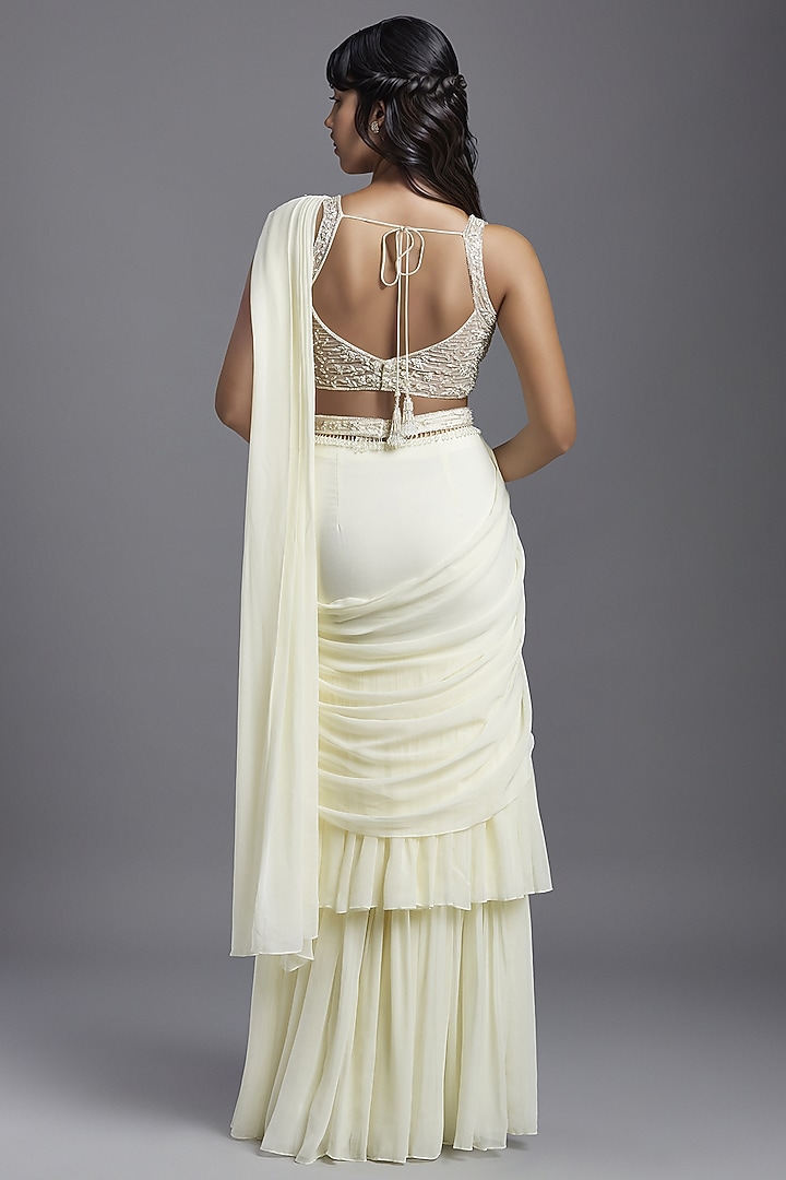 Ivory Georgette Draped Wedding Saree Set by Maisolos at Pernia's Pop Up Shop