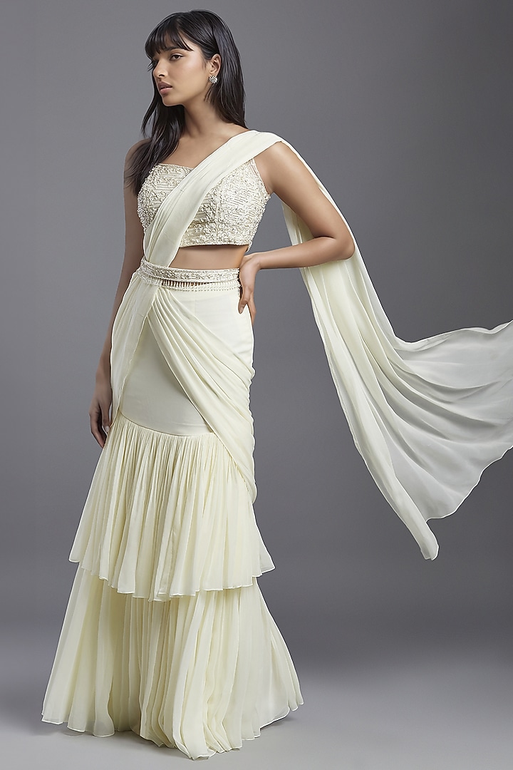 Ivory Georgette Draped Wedding Saree Set by Maisolos at Pernia's Pop Up Shop