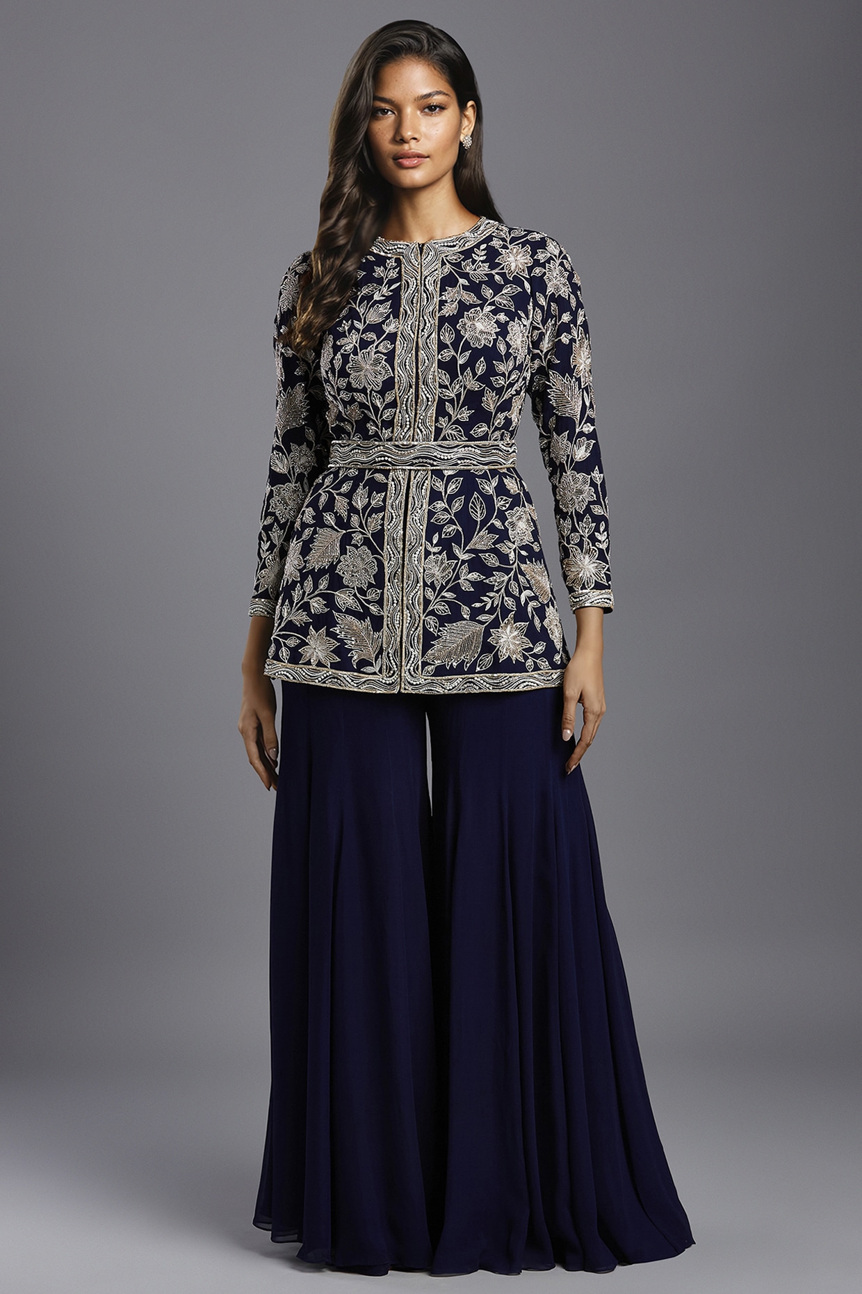 Navy Blue Georgette Hand Embroidered Peplum Jacket Set by Maisolos at Pernia s Pop Up Shop