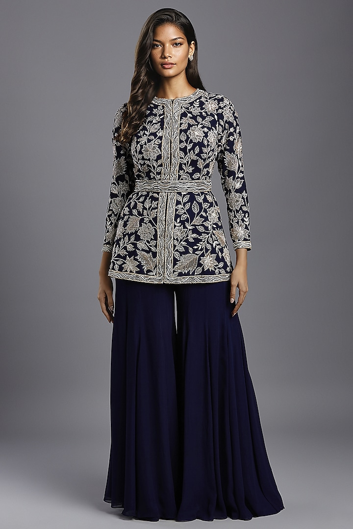 Navy Blue Georgette Hand Embroidered Peplum Jacket Set by Maisolos at Pernia's Pop Up Shop