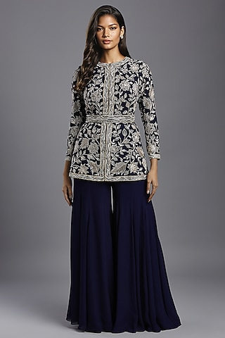 Navy Blue Georgette Hand Embroidered Peplum Jacket Set by Maisolos