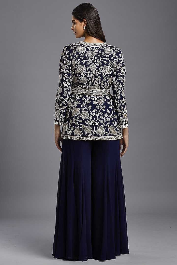 Navy Blue Georgette Hand Embroidered Peplum Jacket Set by Maisolos at Pernia's Pop Up Shop
