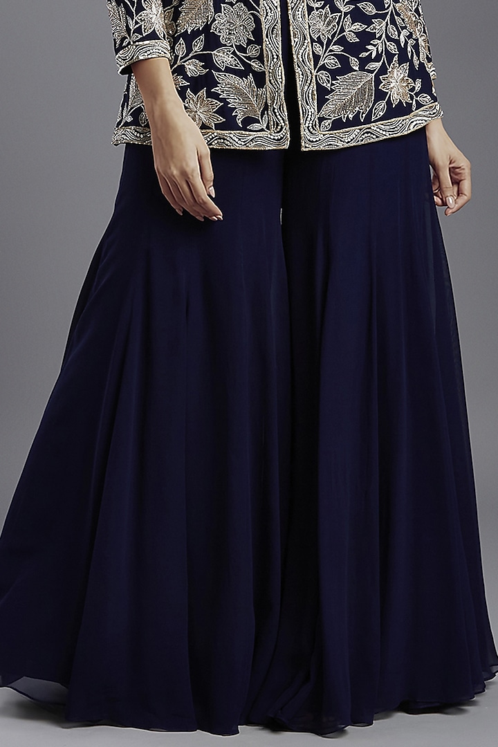 Navy Blue Georgette Hand Embroidered Peplum Jacket Set by Maisolos at Pernia's Pop Up Shop