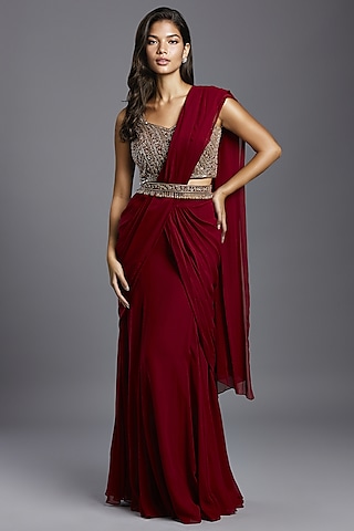 Maroon Georgette Draped Saree Set by Maisolos