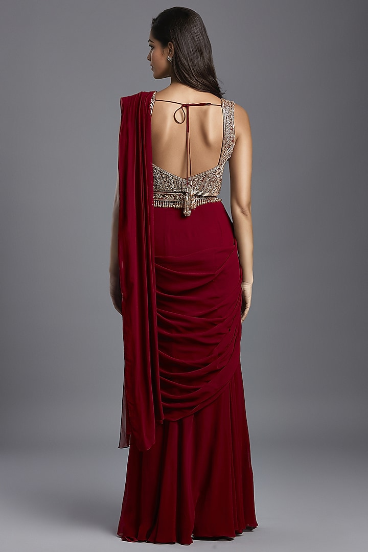 Maroon Georgette Draped Wedding Saree Set by Maisolos at Pernia's Pop Up Shop