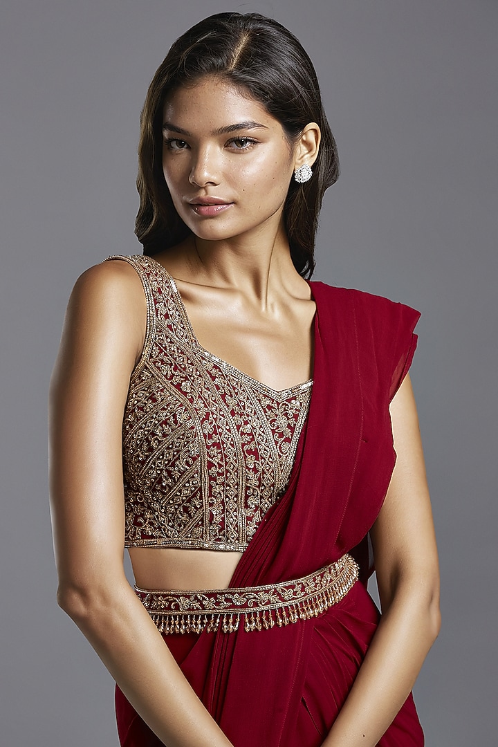 Maroon Georgette Draped Wedding Saree Set by Maisolos at Pernia's Pop Up Shop