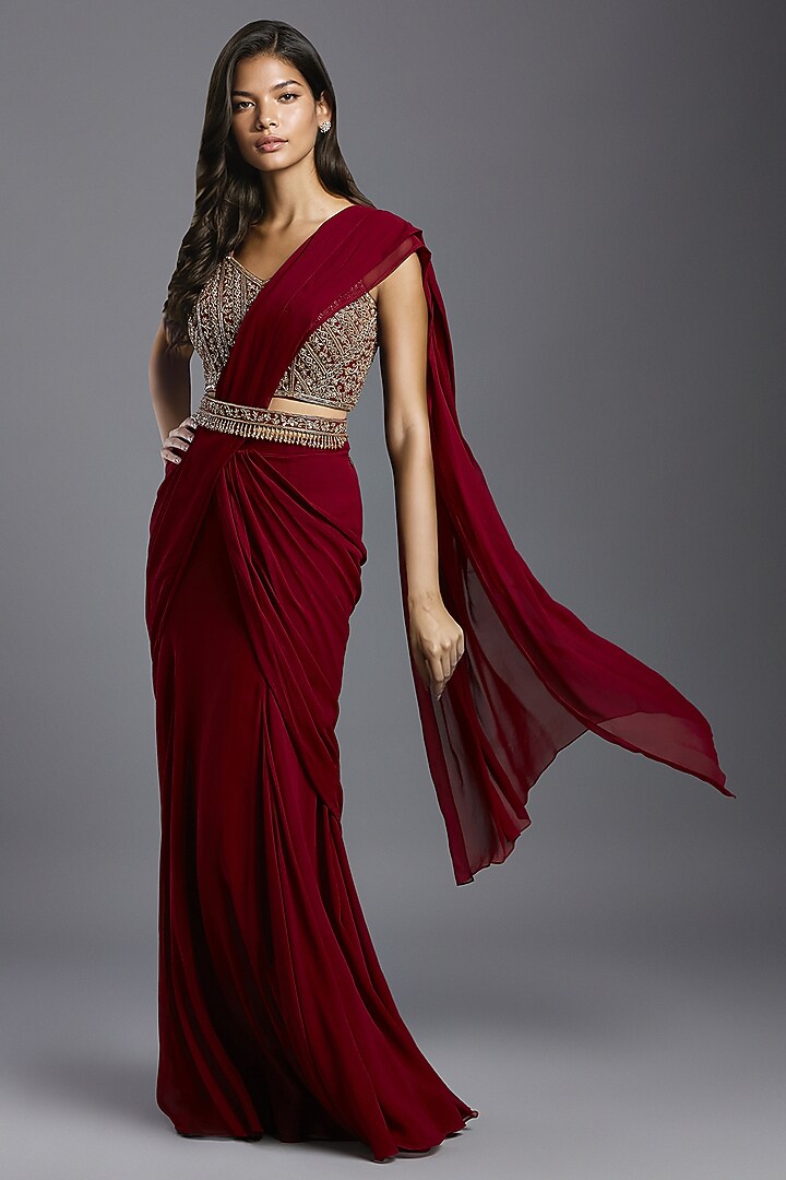 Maroon Georgette Draped Wedding Saree Set by Maisolos at Pernia's Pop Up Shop