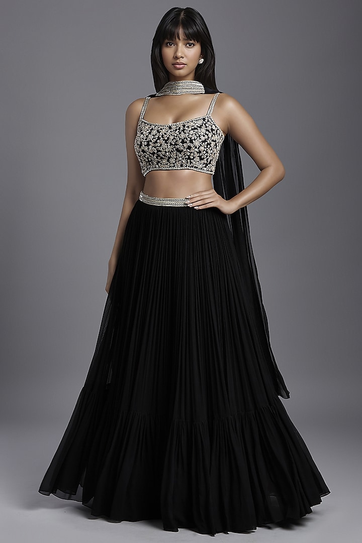 Black Georgette Gathered Lehenga Set by Maisolos