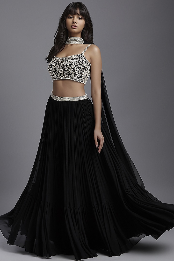 Black Georgette Gathered Wedding Lehenga Set by Maisolos at Pernia's Pop Up Shop
