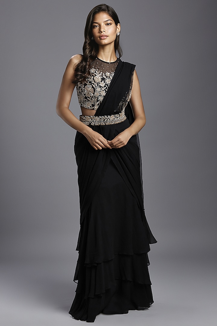 Black Georgette Draped Saree Set by Maisolos at Pernia's Pop Up Shop