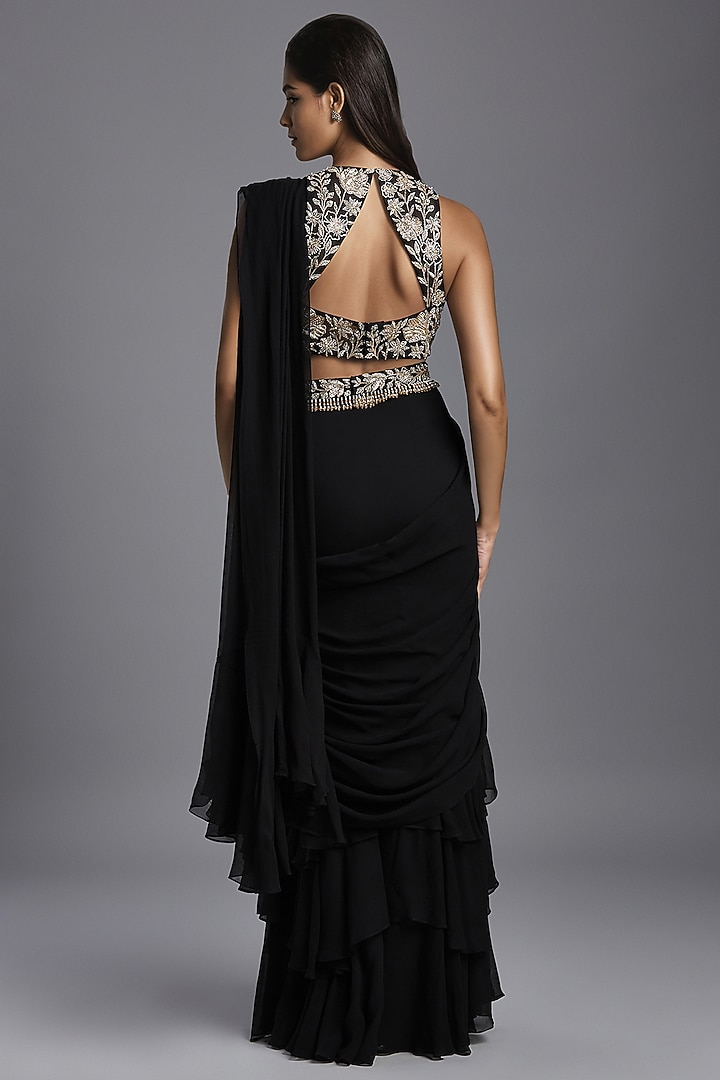 Black Georgette Draped Wedding Saree Set by Maisolos at Pernia's Pop Up Shop