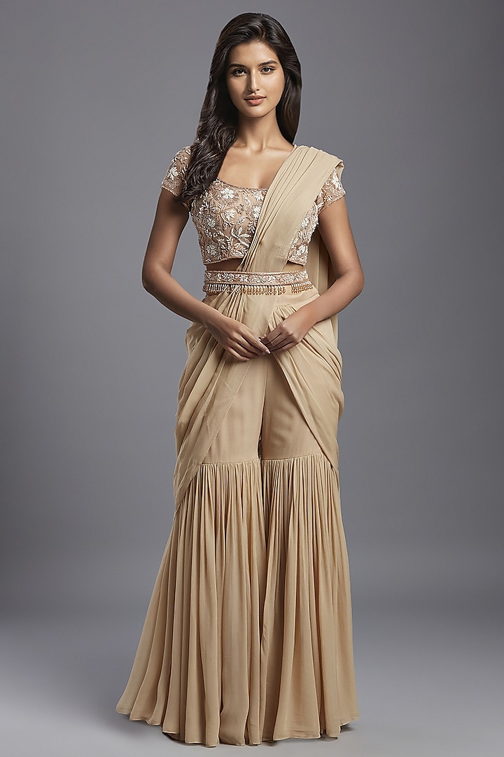 Nude Georgette Draped Sharara Saree Set by Maisolos at Pernia's Pop Up Shop