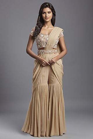 Nude Georgette Draped Sharara Saree Set by Maisolos