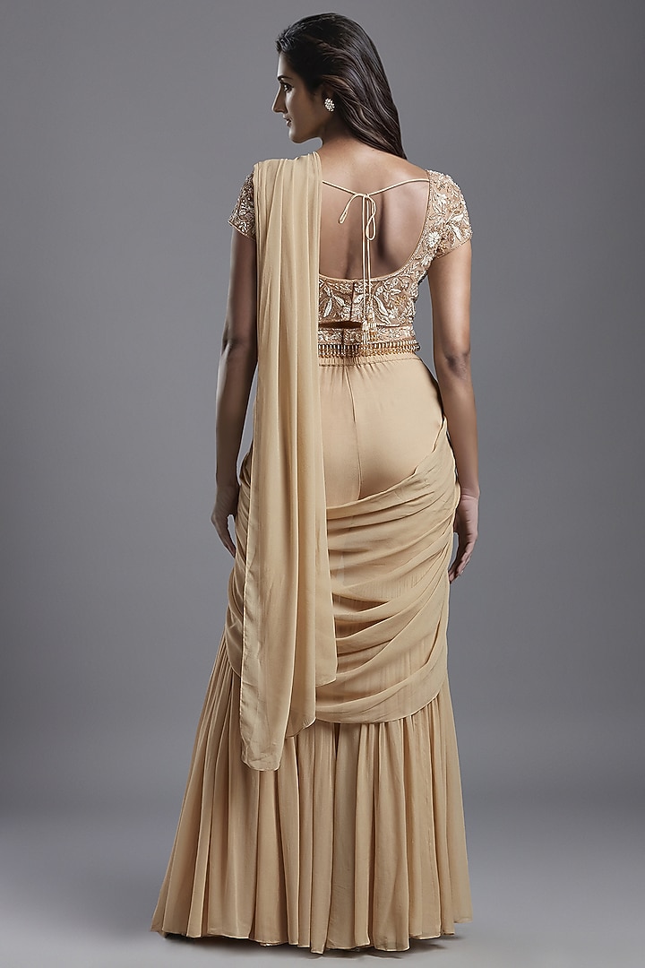 Nude Georgette Draped Sharara Wedding Saree Set by Maisolos at Pernia's Pop Up Shop