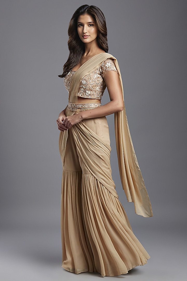 Nude Georgette Draped Sharara Wedding Saree Set by Maisolos at Pernia's Pop Up Shop