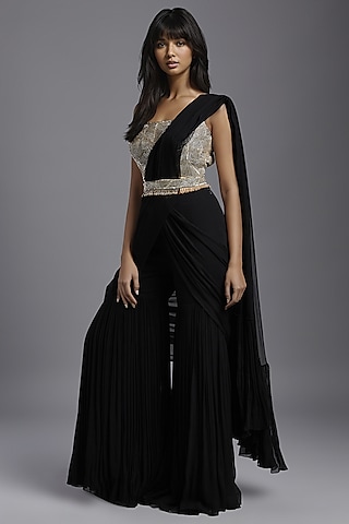 Black Georgette Draped Sharara Saree Set by Maisolos