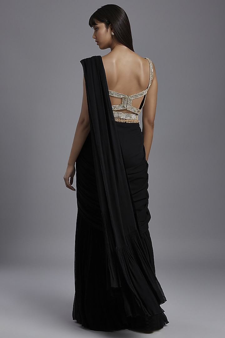 Black Georgette Draped Sharara Wedding Saree Set by Maisolos at Pernia's Pop Up Shop