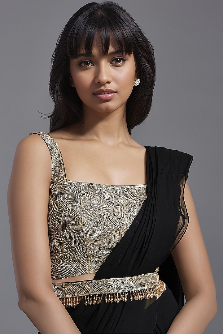Black Georgette Draped Sharara Wedding Saree Set by Maisolos at Pernia's Pop Up Shop
