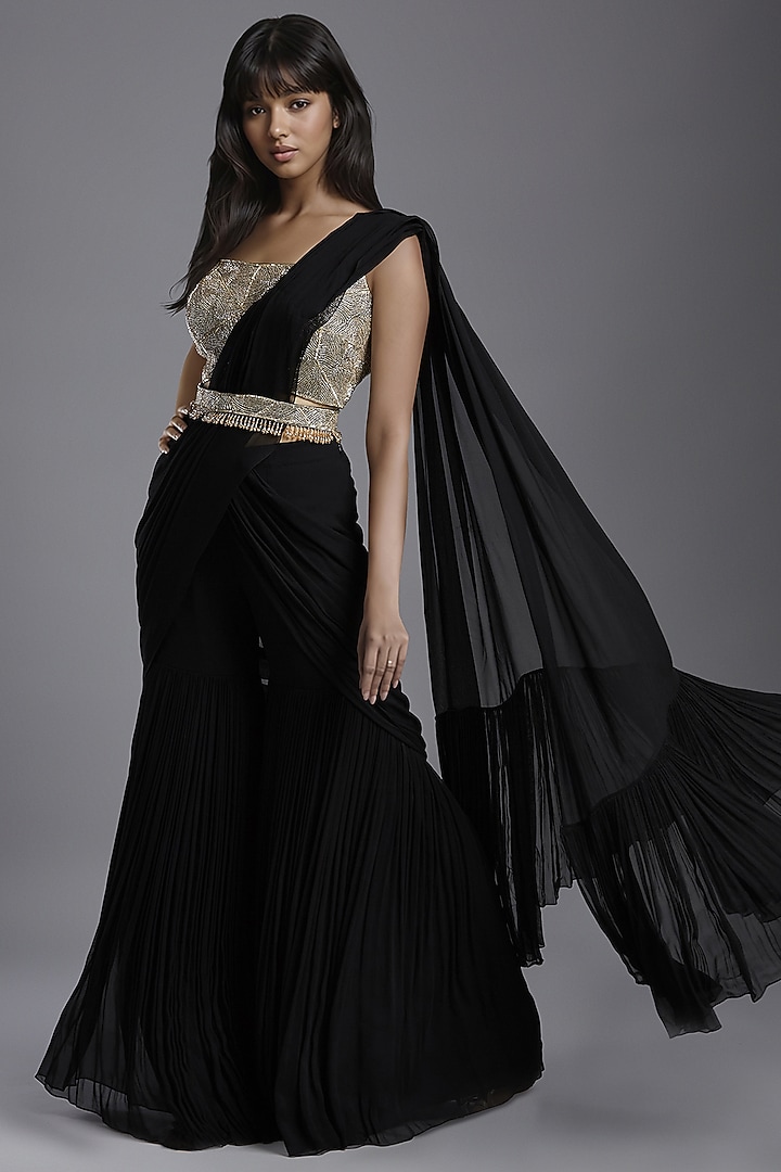 Black Georgette Draped Sharara Wedding Saree Set by Maisolos at Pernia's Pop Up Shop