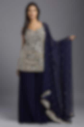 Navy Blue Georgette Sharara Set by Maisolos at Pernia's Pop Up Shop